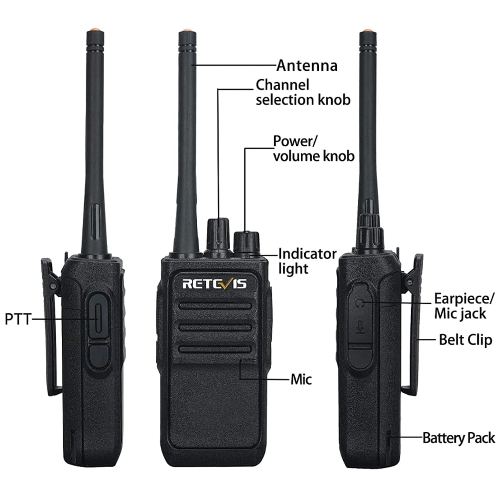 Retevis RT617 Walkie Talkie Auricolare, PMR446 Radio Comunicazione Ricaricabile Ricetrasmittenti Adulti, Non-Magnetic Speaker, 2 Way Radio for Cantiere (4 Pezzi, Nero) (con auricolare)