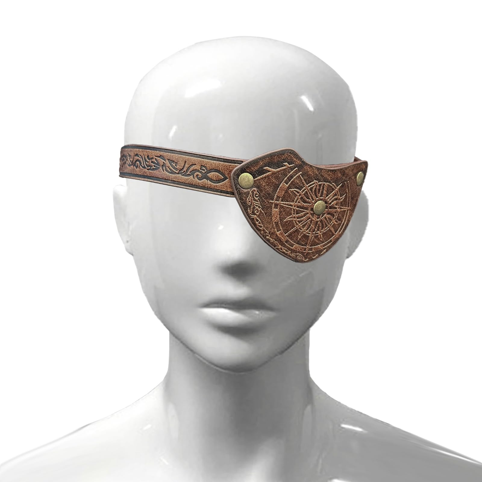 HiiFeuer Medieval Embossed Pirate Eye Patch, Vintage Faux Leather Eye Mask Viking Accessories, Renaissance Eye Cover Cosplay (Brown B) - Image 3