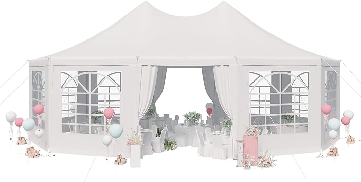 EROMMY 26x19 Party Tent, White Wedding, Decagonal Heavy Duty Canopy with 8 Removable Sidewalls, 8 Church Windows and 2 Pull-Back Doors, Outdoor Gazebo Pavilion for Party, Wedding, Event