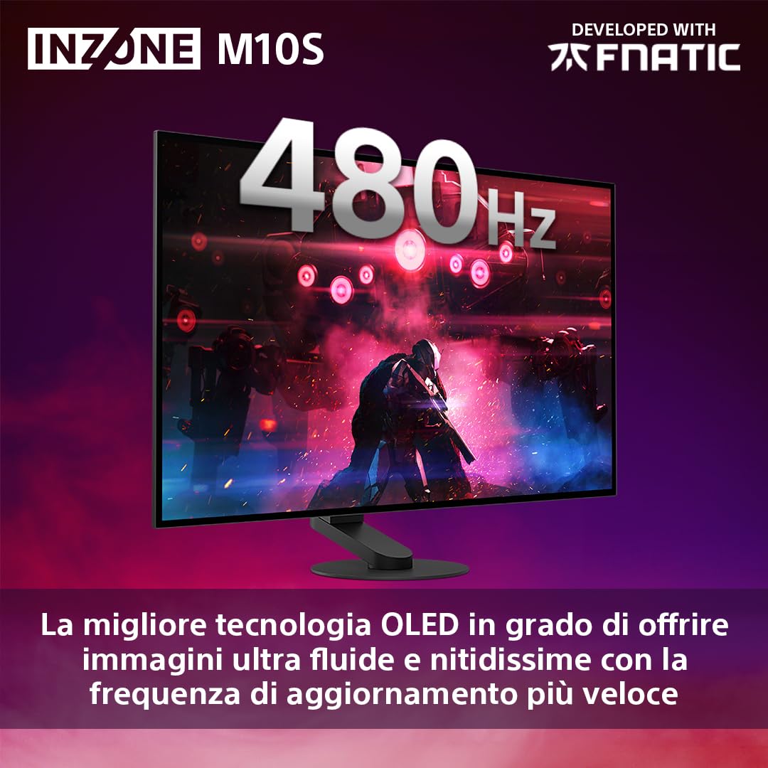 PC Gaming Monitor Sony INZONE M10S OLED QHD da 27": 1440p, 480 Hz, 0,03 ms GTG, DCI-P3 98,5%, G-Sync, Adaptive Sync, VRR, modello sviluppato con Fnatic, 1300 nit, DisplayPort 2.1-2 x HDMI 2.1- PC, PS5