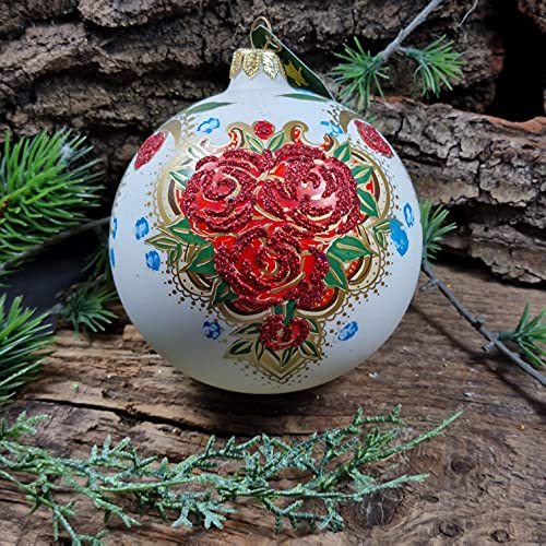 Silverado Christmas Ornament made of glass, 10 cm ball, white with folk flowers motive, Multicolour - Image 2
