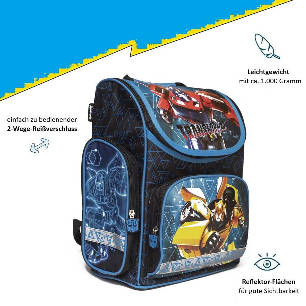 Familando - Schulranzen Set 8-teilig mit Sporttasche - Transformers - Ergonomisch, stabil & mit gepolstertem Rücken - 1000g leicht - 15L Volumen - Mit Reflektoren - Für Grundschule ab 1. Klasse