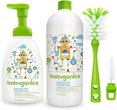LuxProdX Baby ganics - Jabón espumoso para platos y botellas de 16 onzas con kit de recambio con dos (2) cepillos para botellas
