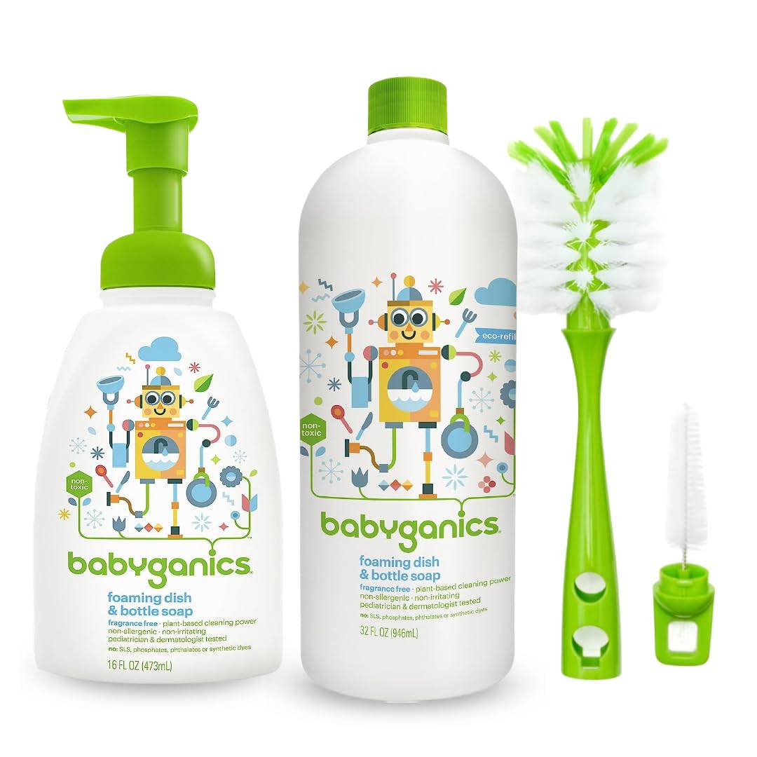 LuxProdX Baby ganics 16 Ounce Dish Dazzler Foaming Dish and Bottle Soap with Refill Kit BUNDLED with Two