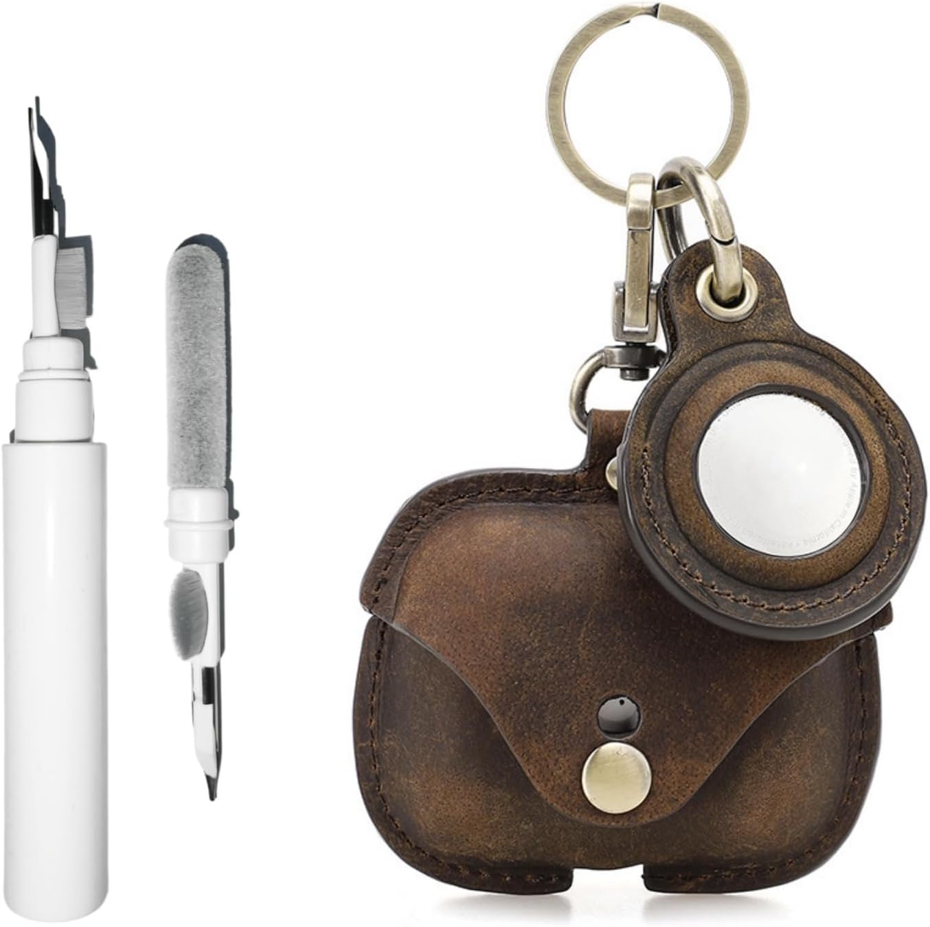 [3 in 1] TSVSXS Leather Case Compatible with AirPods Pro 2nd/1st Generation/Compatible with Airtags, Soft Genuine Leather PU Protective Cover with Keychain Cleaning Kit