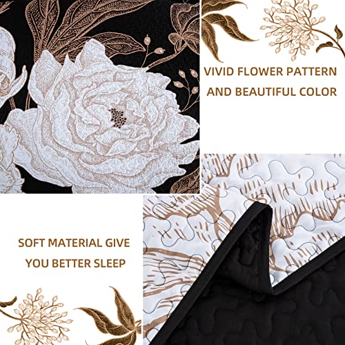 Djy Floral Quilt Set Queen Size White Boho Flower Leaves Printed On Black Bedspread Coverlet Set, 3 Pieces Soft Lightweight Bed Cover With Pillow Shams For All Season, Black Gold 96''X90'' #TOP5