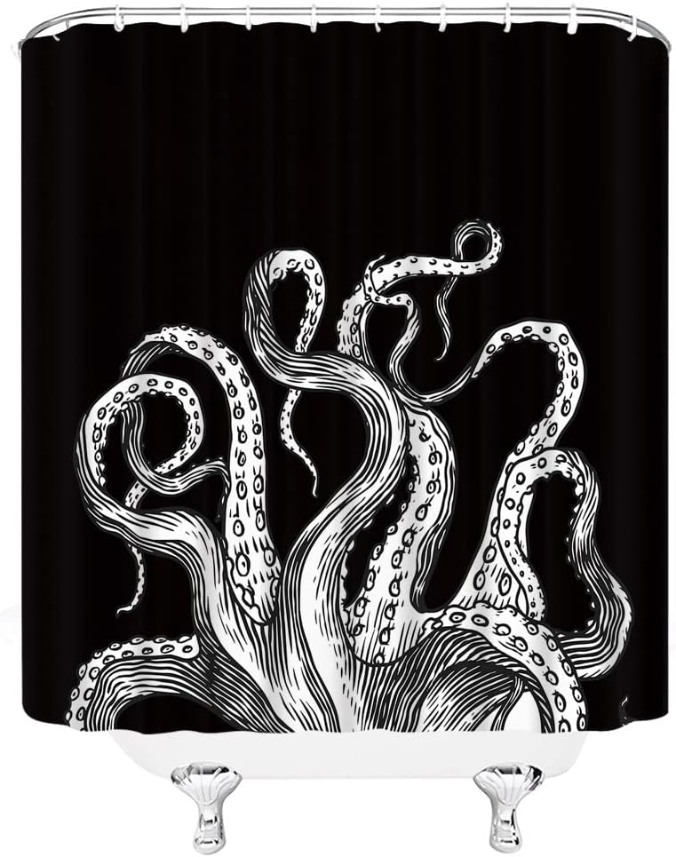 Octopus Tentacles Shower Curtain Black and White Ocean Animal Kraken Sea Vintage Nautical Marine Life Fabric Bathroom Curtain Set with Hooks(78" Wx70 H)