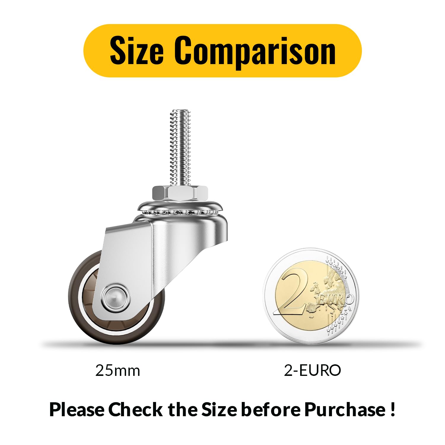 HOLKIE Set di 4 Rotelle per Mobili 25mm, Ruote Girevoli Piccole con Freno, Ruote di Ricambio Silenziose per Carrello e Tavoli, Perno Filettato M6x20mm, Capacità 40kg
