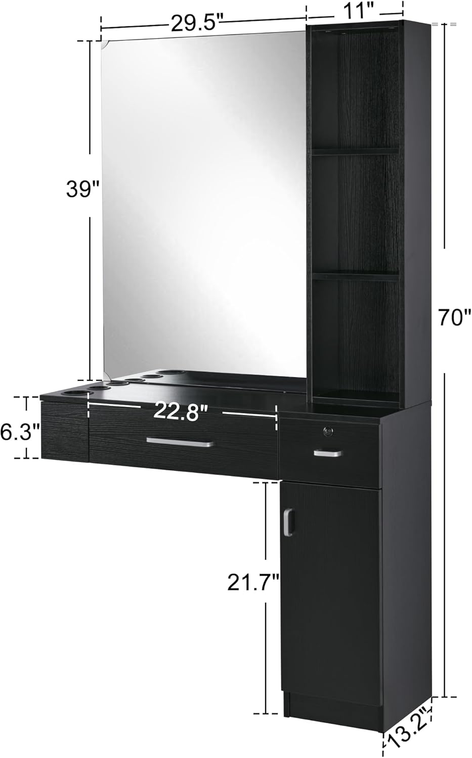 BarberPub Wall Mount Salon Station with 3 Hair Dryer Holders Hair Styling Station with Mirror Beauty Salon Spa Equipment Set 3026 (Black)