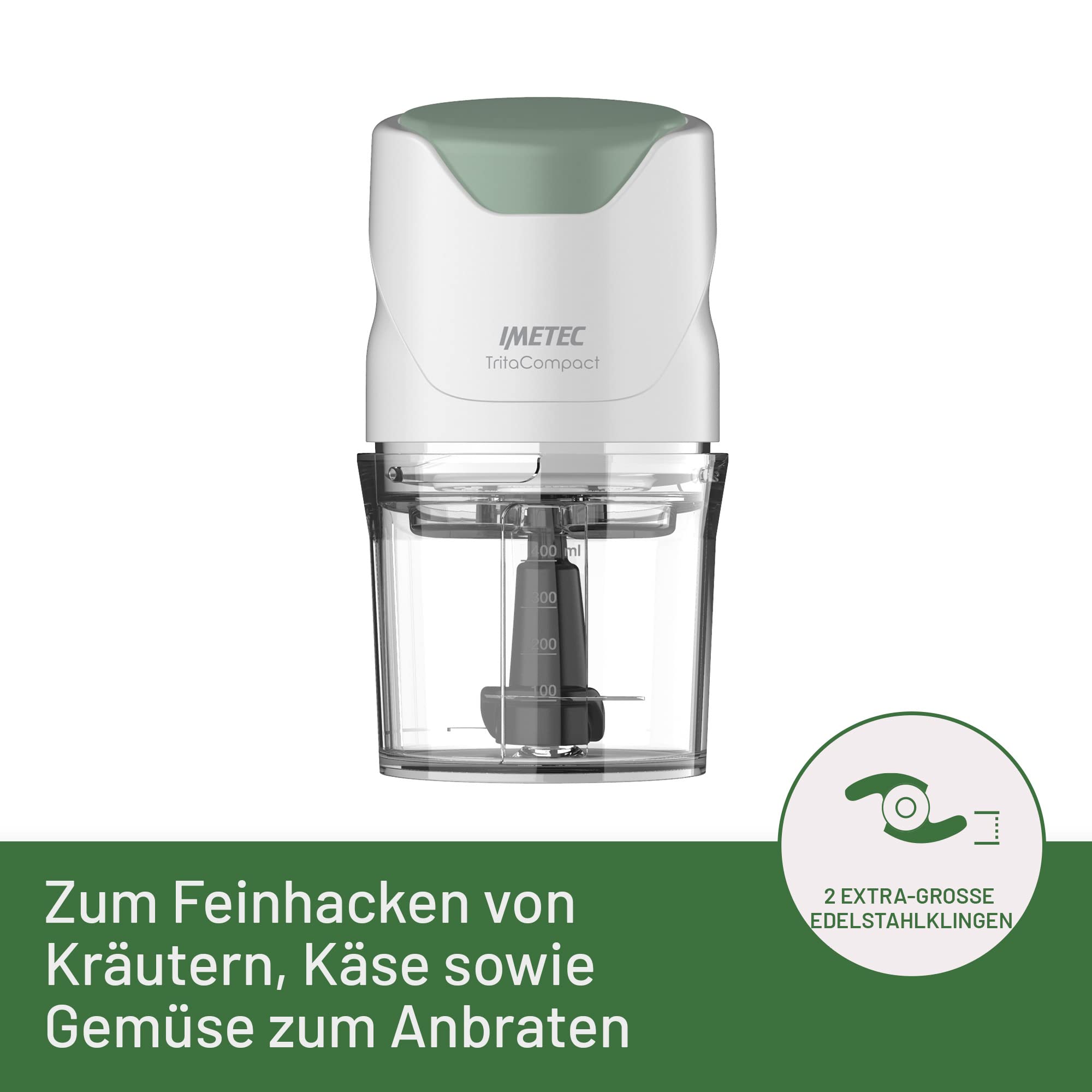 Imetec TritaCompact Zerkleinererer, Klingen aus Edelstahl, Fassungsvermögen Behälter 400 ml, Druckbetrieb, kompakt, 350 W