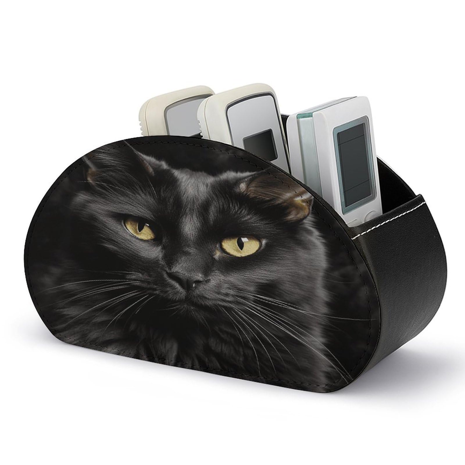 VstaDank A Black Cat on A Black Background Remote Control Holder with 5 Compartments PU Leather TV Remoter Caddy Desktop Organizer TV Remote Holder Remote Box for Media Controllers Office Supplies