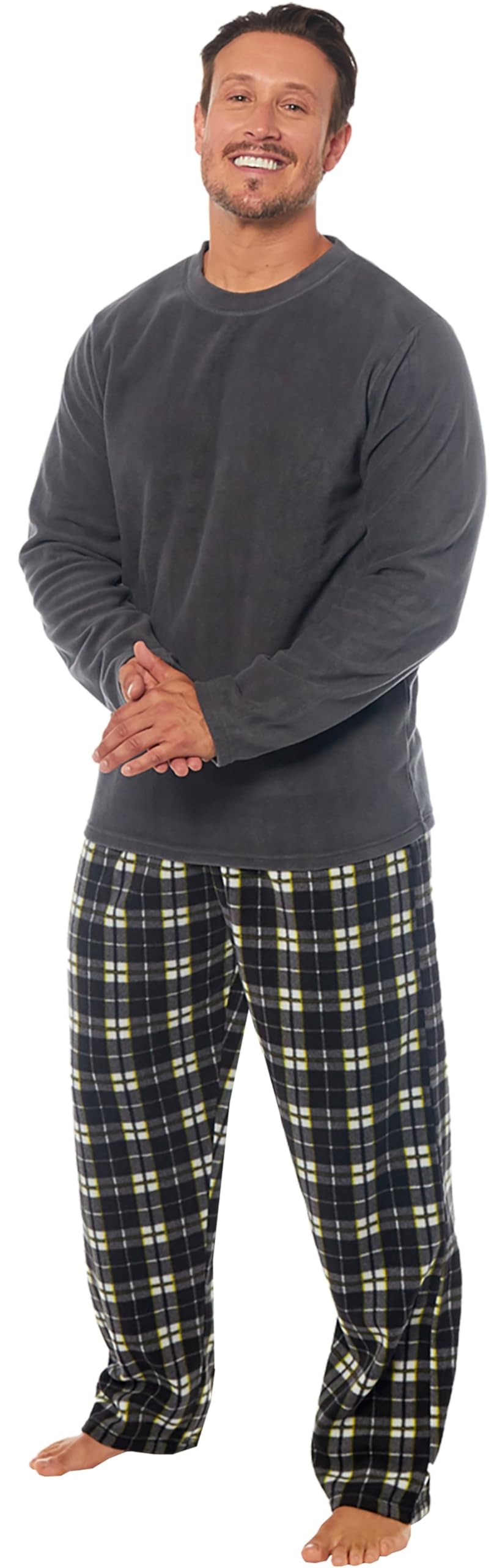 Michael Paul Men's Charcoal Check Soft & Cosy Fleece Pyjamas | Warm Pj Set Nightwear Sleepwear Loungewear Modern Set With Check Bottoms | Soft Twosie Pyjama Set For Gifts For Him Charcoal Xl