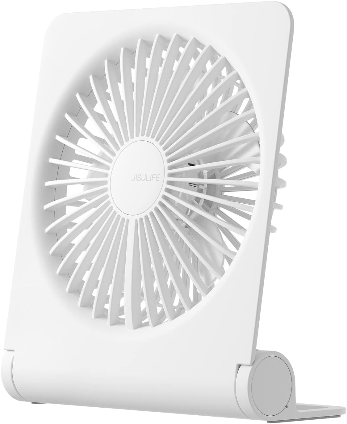 JISULIFE Small Desk Fan, Portable USB Rechargeable Fan, 160° Tilt Folding Personal Mini Fan with 4500mAh Battery, Strong Wind, Ultra Quiet, 4 Speed Modes for Office, Home, Camping (White)