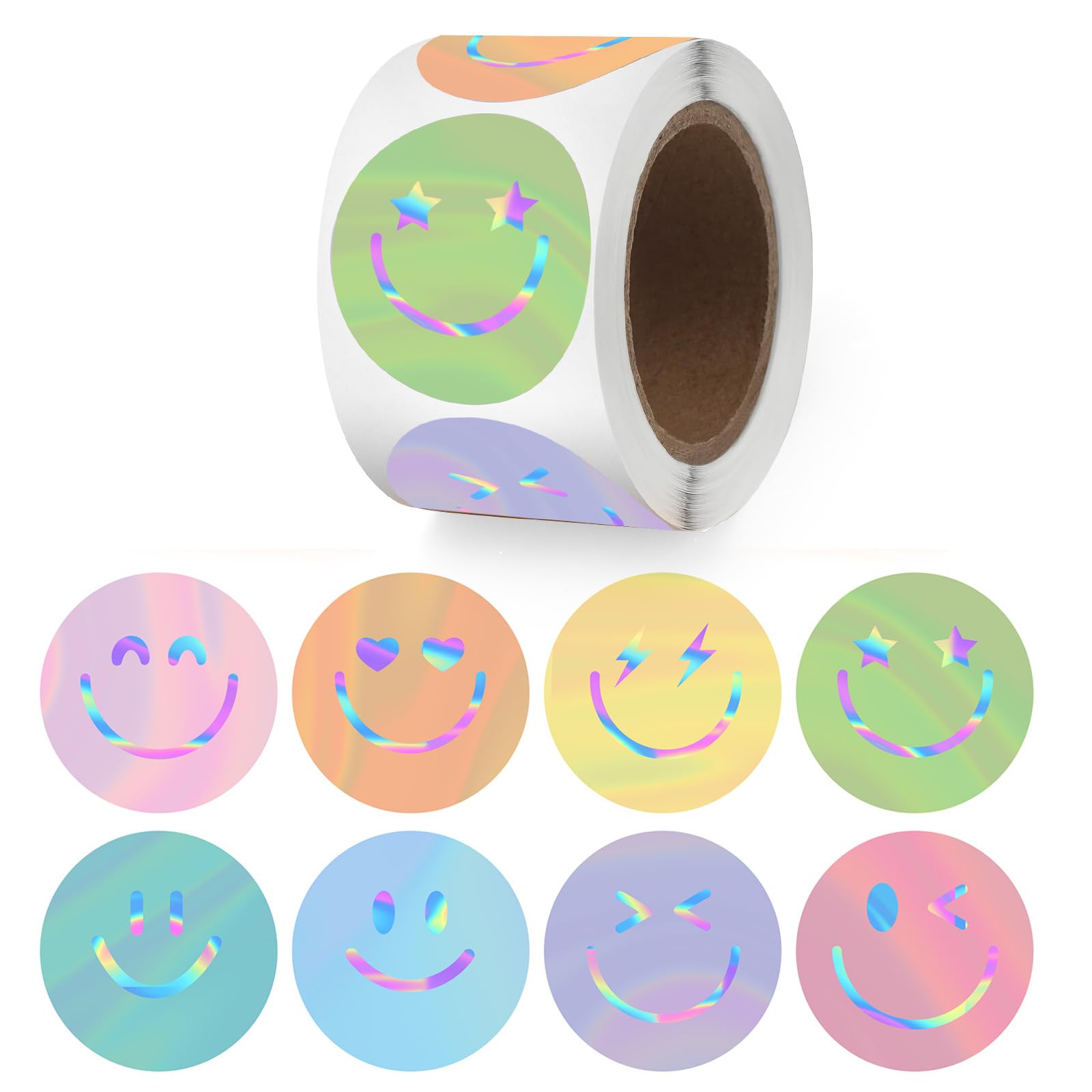 FYSUIMU Preppy Smile Stickers Roll Holographic Pastel Happy Face Stickers Positive Motivational Waterproof Self-Adhesive Decals for Back to School