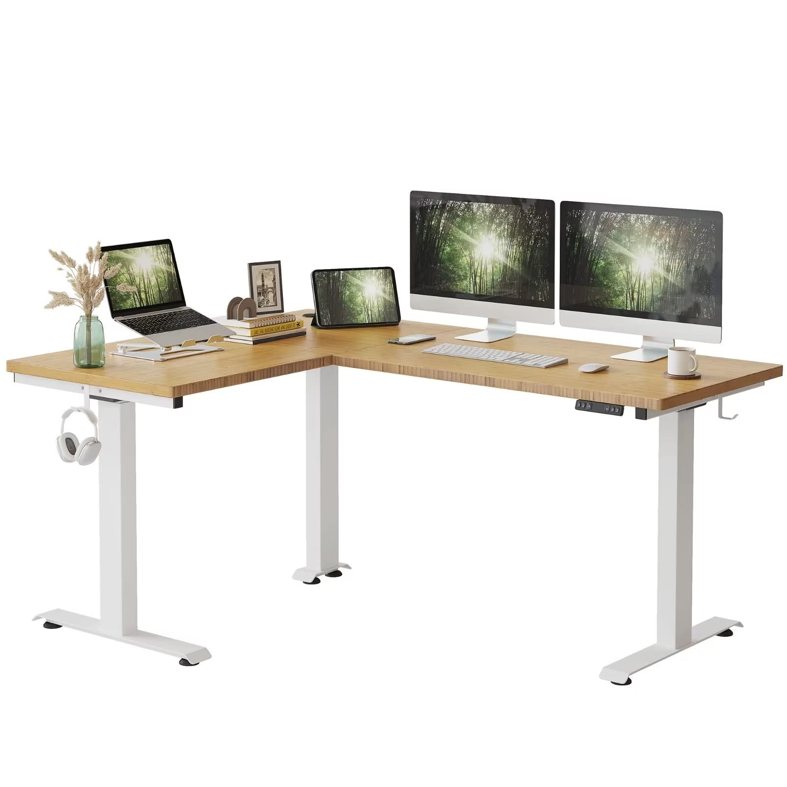 FEZIBO Bureau Assis Debout Angle Électrique - 160 * 120 cm 3 Moteurs Bureau Debout Réglable en Hauteur Table Forme L, Angle Réversible, Système Anti-Collision, Panneau Contrôle à 3 Fonctions Mémoires