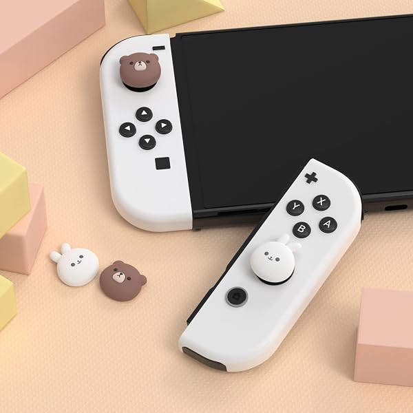 PlayVital Capuchon pour Switch Protection Joystick,Joycon Cover de Stick pour Nintendo Switch OLED/Lite Thumb Grip Caps Prises de Pouce-Ours Gros&Lapin Souriant - 2