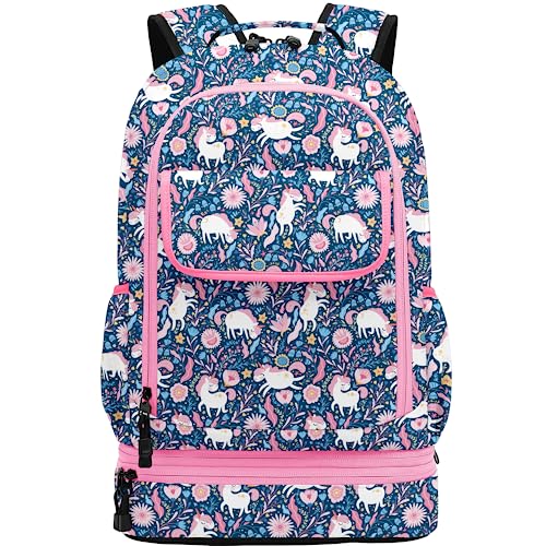 Image of Leaper Cute Unicorn Laptop Backpack Water-resistant Double Deck Insulated Lunch Bag Satchel Dark Blue