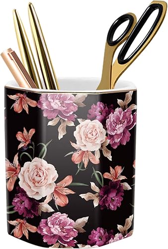 Miniatura 22 de WAVEYU - Soporte de cerámica para bolígrafos para escritorio, lindo, taza de lapices para escritorio, organizador de escritorio, soporte para negro,