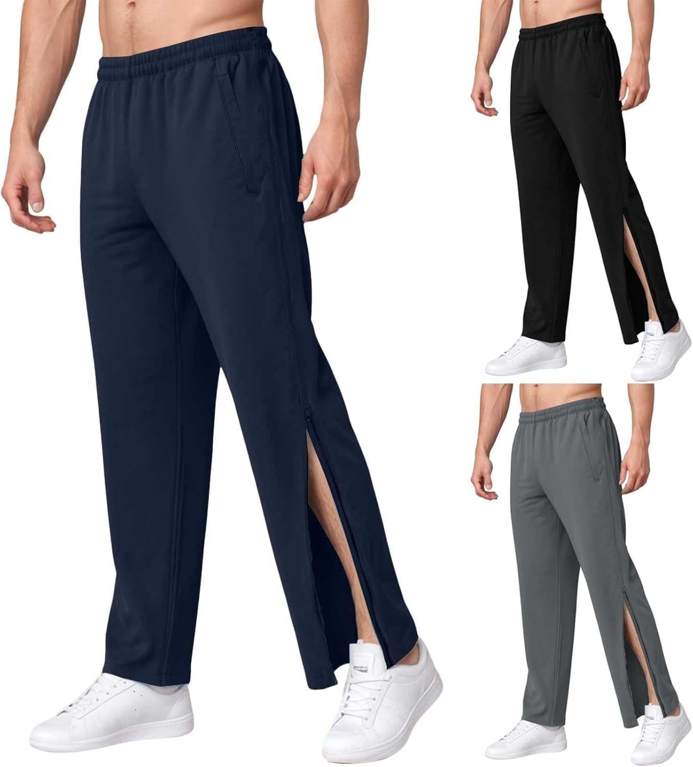 Rehabilitation Trousers for Men, Side Opening, Press Studs, Jogging, Fitness Training, Open Leg Jogger Leisure, Wide Sweatpants(Blue1,XL)