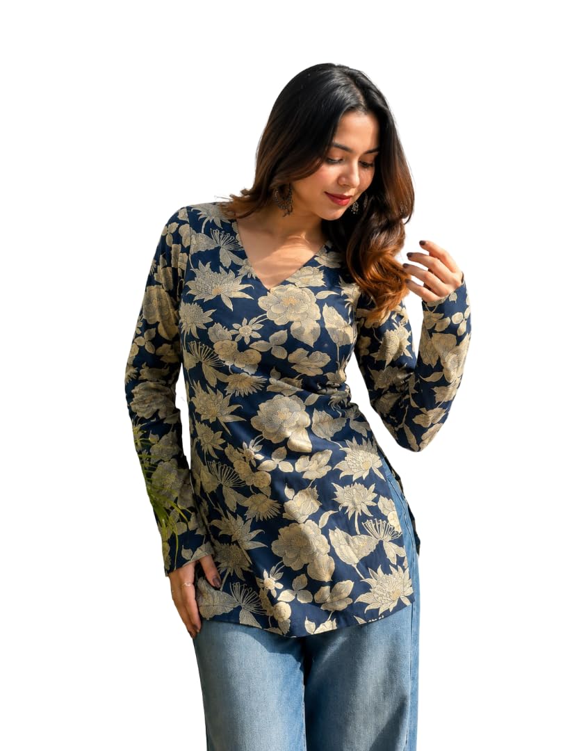 Women Rayon Printed Short Kurti for Women | Floral V Neck Short Kurta Top | Full Sleeve Casual Kurti for Girls & Women-picture-15