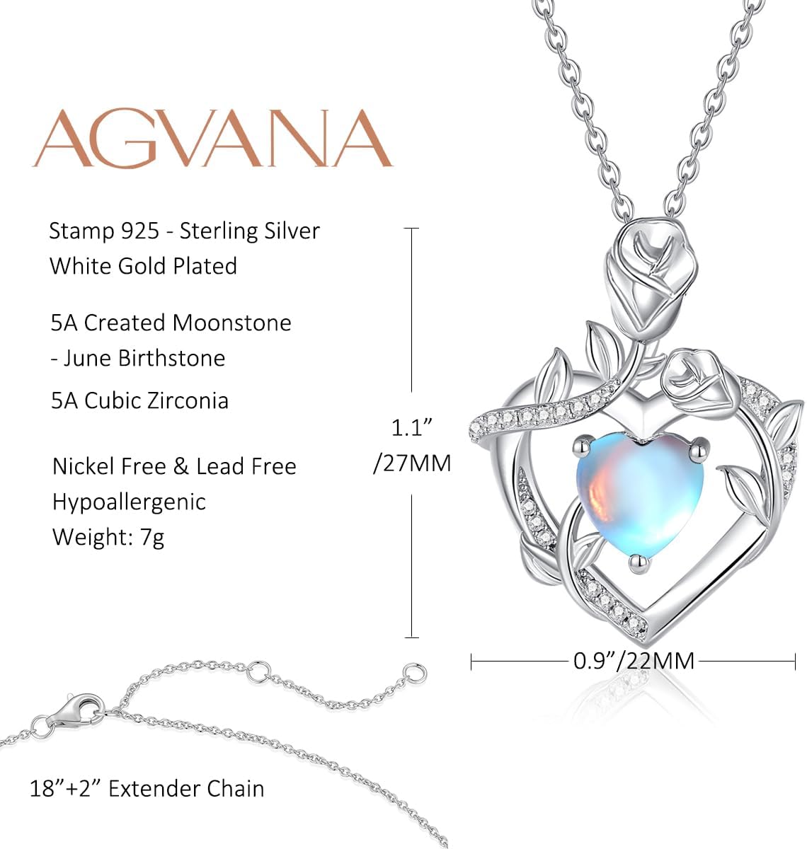 AGVANA Valentines Day Gifts Rose Birthstone Necklace for Women Sterling Silver Rose Flower Heart Necklace Fine Jewelry Anniversary Birthday Gifts for Women Wife Mom Her, Length: 18"+2" - Image 6