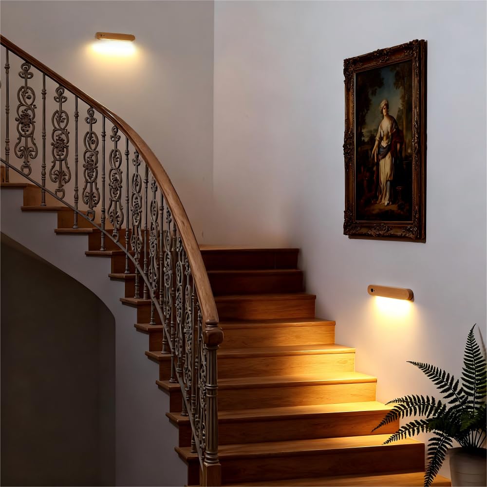 2 luces LED de noche con sensor de movimiento, funciona con pilas, luz magnética recargable por USB con luz blanca cálida para habitación de niños, baño, armario, pasillo, viene