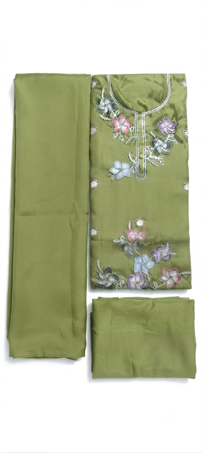 Women's Unstitched Silk Blend Salwar Suit Material with Heavy Embroidery Work and Matching Dupatta (Olive Green)-image-3