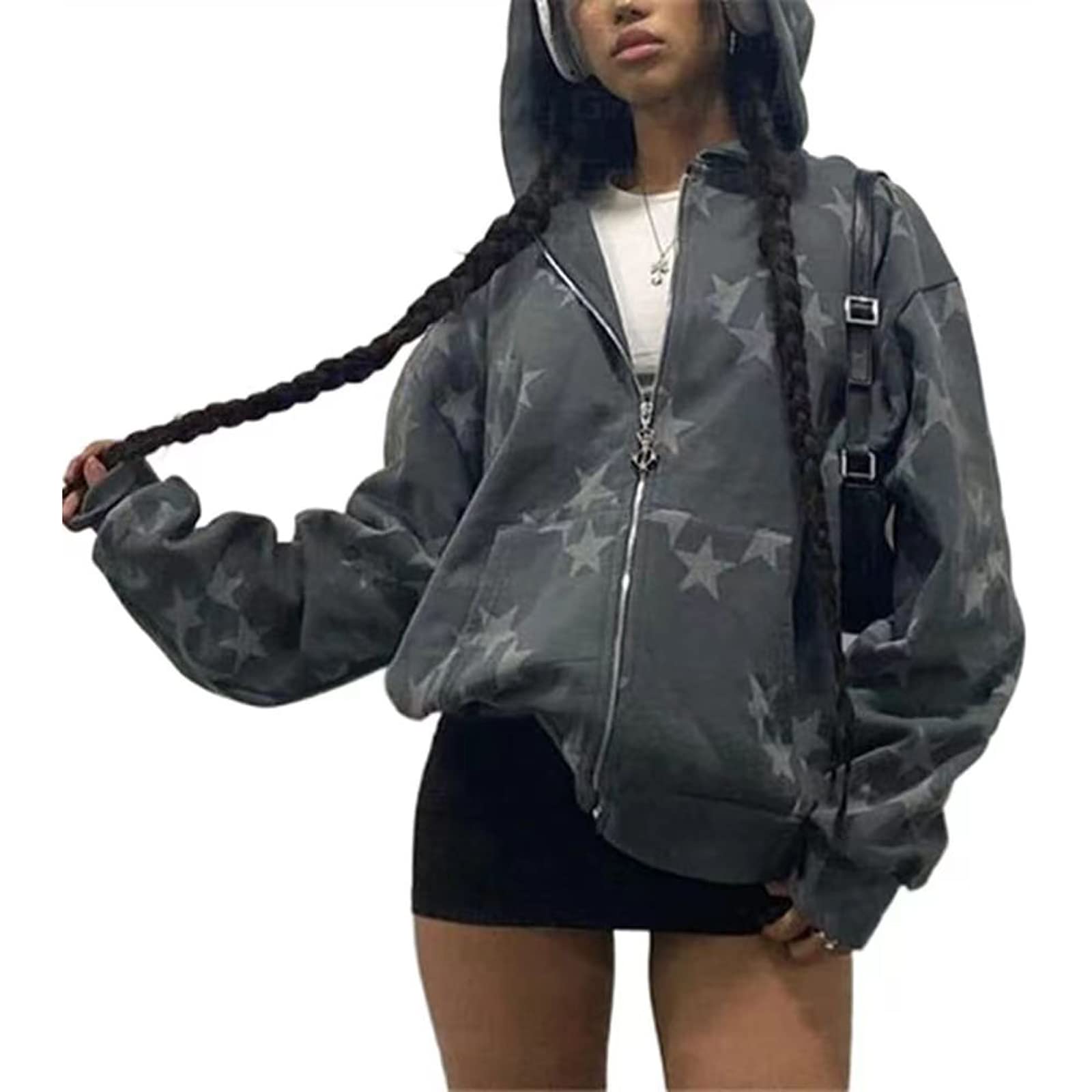 CbsdezanosY2k Hoodie Sweatshirt Women Men Full Zip Up Oversized Aesthetic Vintage Star Print Graphic 90s Girls Loose Hooded Jacket Top Casual Streetwear (Grey Stars, M)