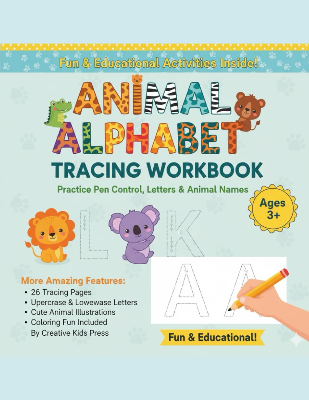 Animals Alphabet Lowercase Tracing Activities Workbook Colorful Cute and Funny Style