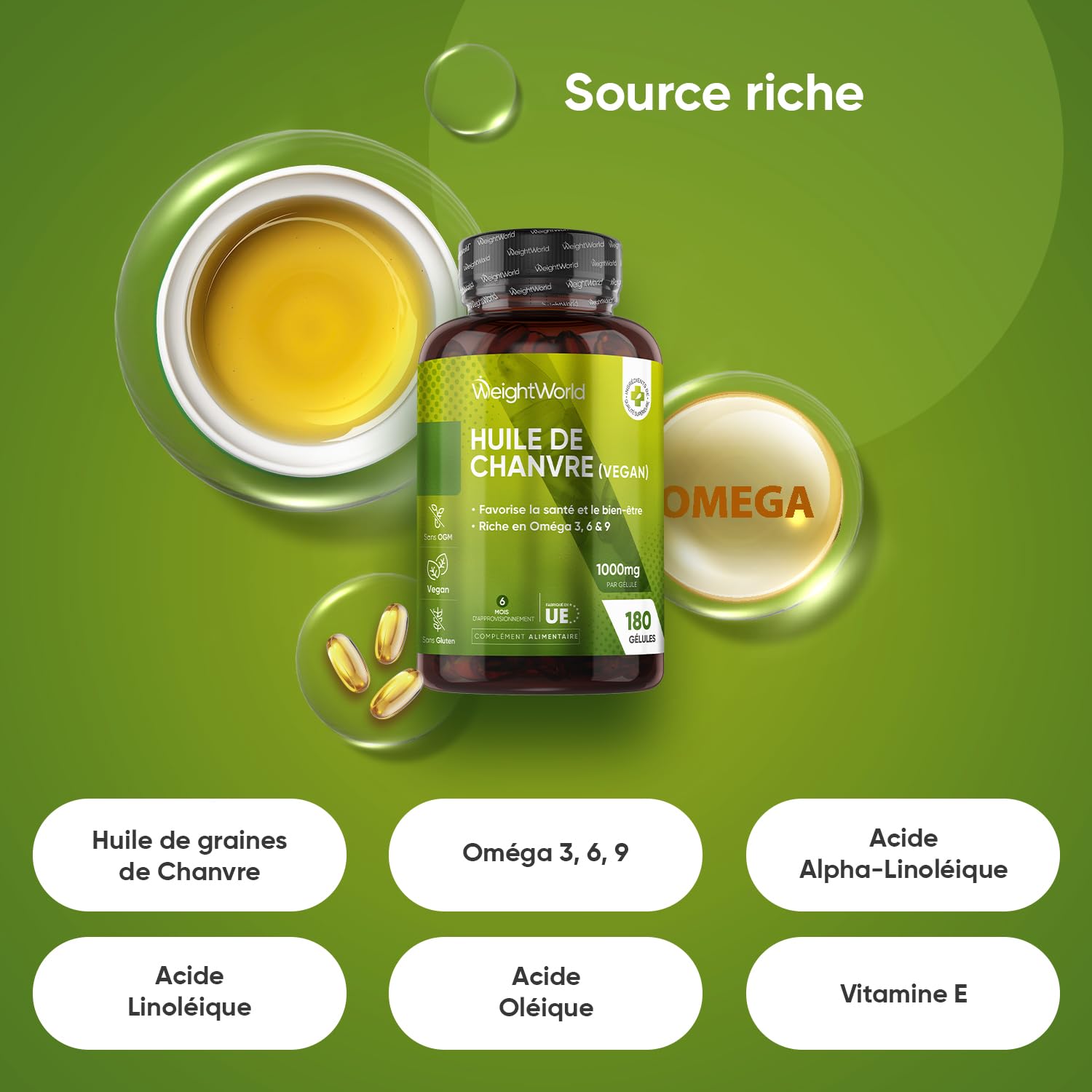 Huile de Graines de Chanvre 1000mg, 180 Gélules Omega 3 Vegan (6 Mois), Huile de Graines de Chanvre Pressées à Froid Riche en Omega 3 6 9 avec Acides Gras Essentiels et Vitamine E sans Arrière Goût