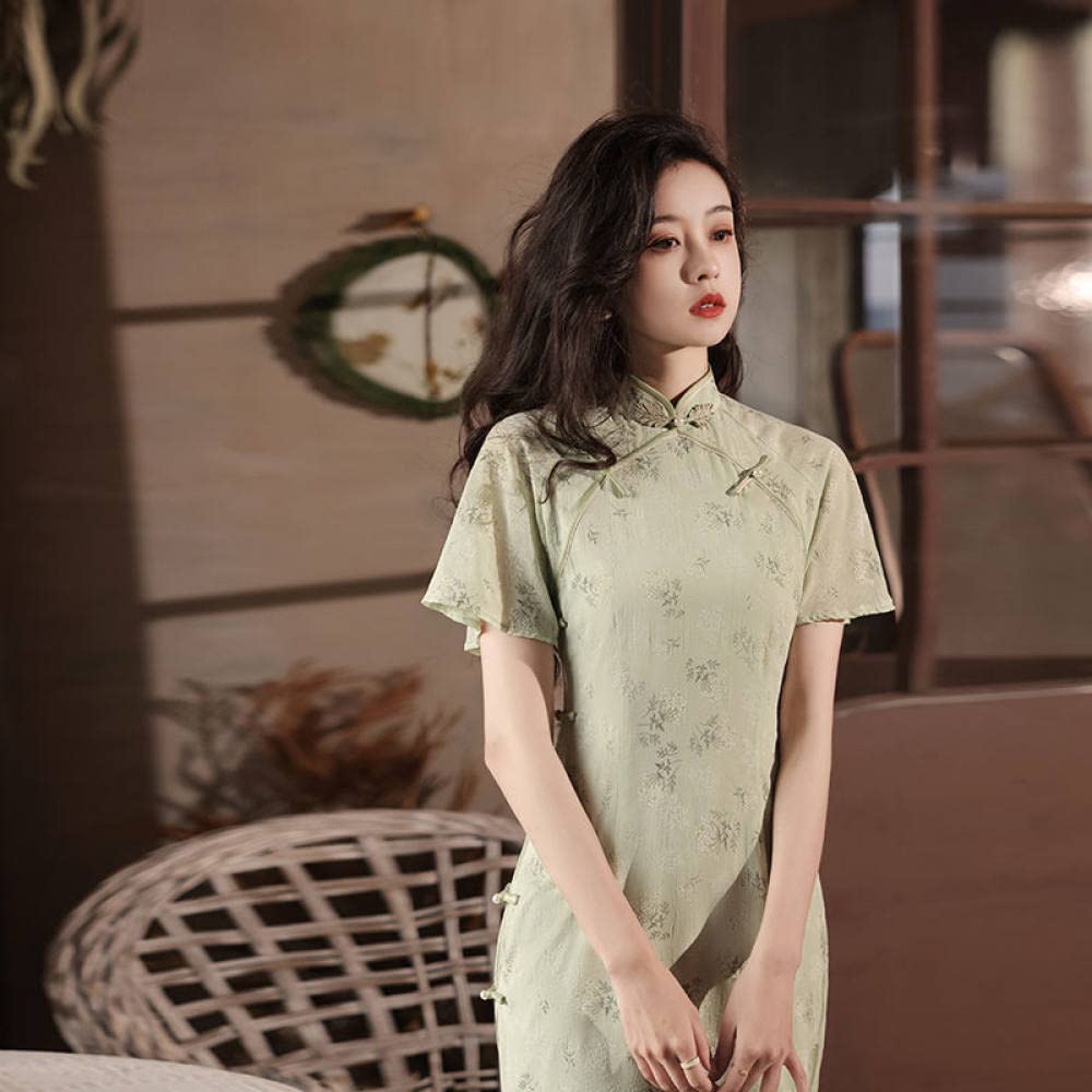 Cheongsam pour Femmes,Imiter La Robe Cheongsam en Satin Rétro Décontracté Manches Courtes Lâche Robe Midi Mince Fleur Verte Robe De Cocktail Qipao Jacquard Robe De Soirée Moulante pour Les Femm