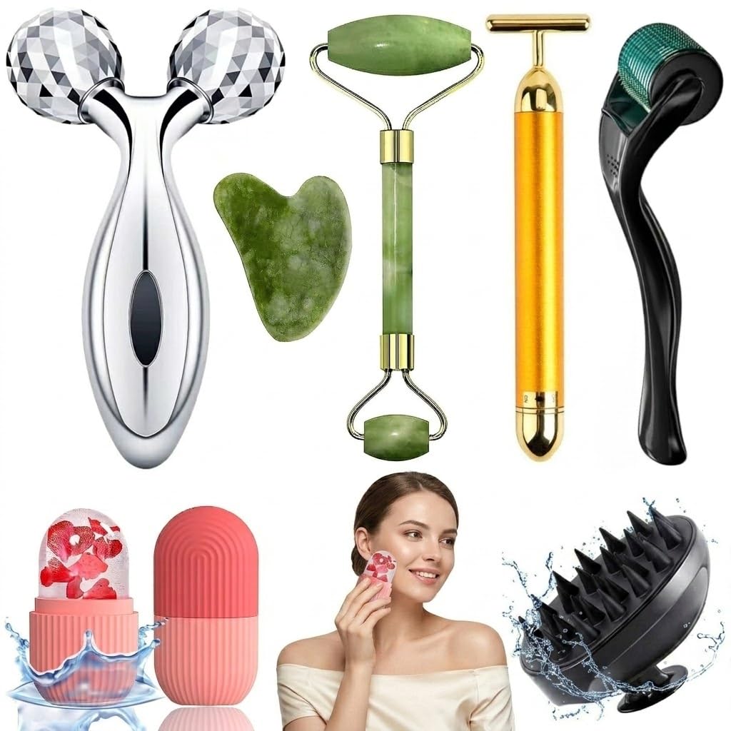 8 Pcs Facial Massager Kit for Face Care | Jade Roller, Gua Sha, Ice Roller, 3D Face Massager, Gold T Bar, Derma Roller, Silicone Scalp Brush, 10 Nose Strips | Skin Tightening Glow Kit | Women Men-image-48