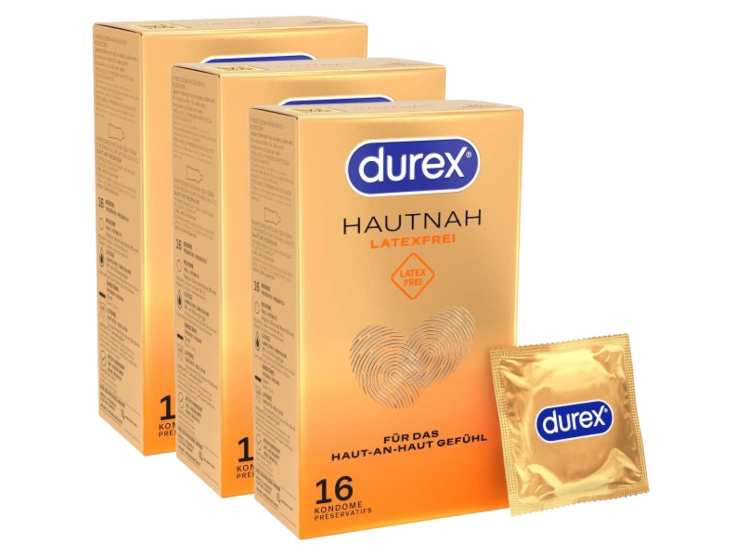 Durex Hautnah Latexfrei Kondome - Latexfreie Kondome aus Real-Feel-Material & mit anatomischer Easy-On-Form - Ohne Latex - 48er Pack (3 x 16 Stück)