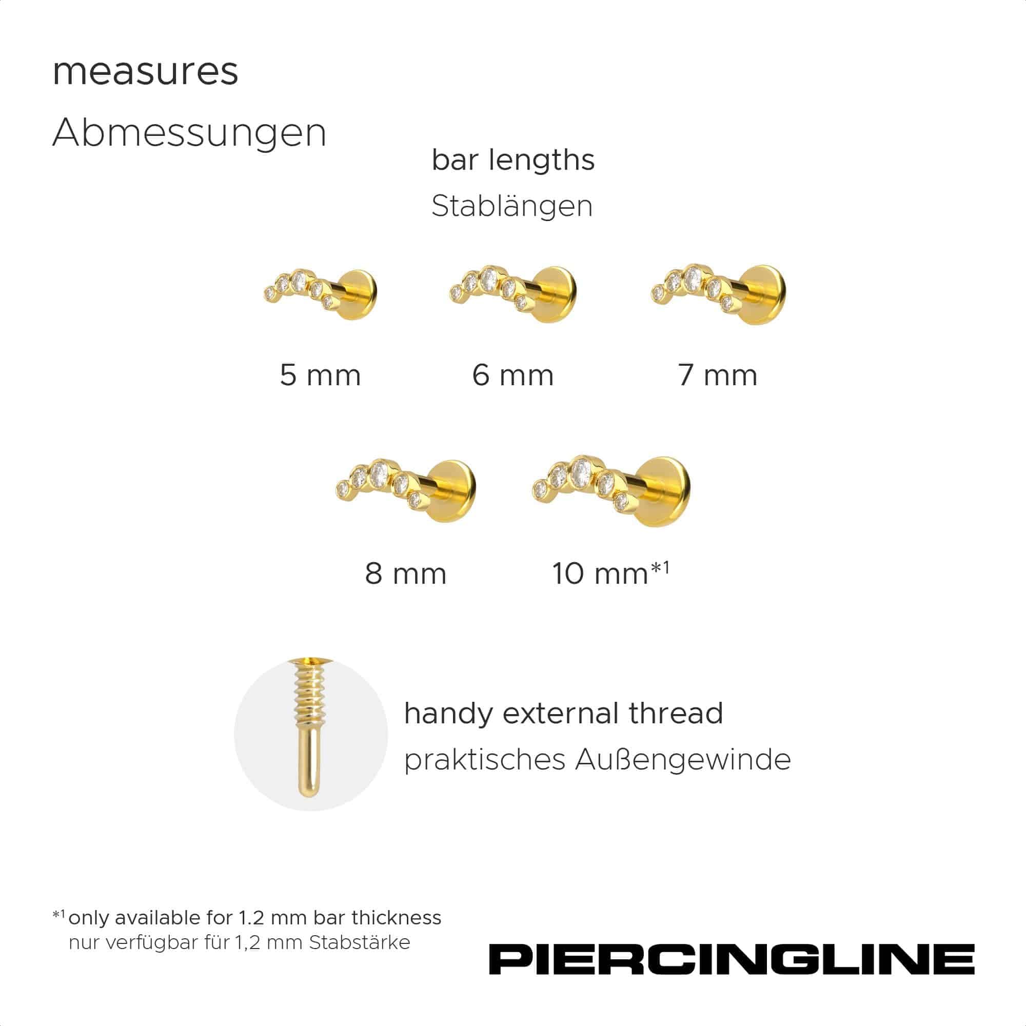 PIERCINGLINE Piercing Stecker Titan Labret mit Innengewinde + 925er Silber Aufsatz MOISSANIT-BOGEN - Goldfarben, Silberfarben