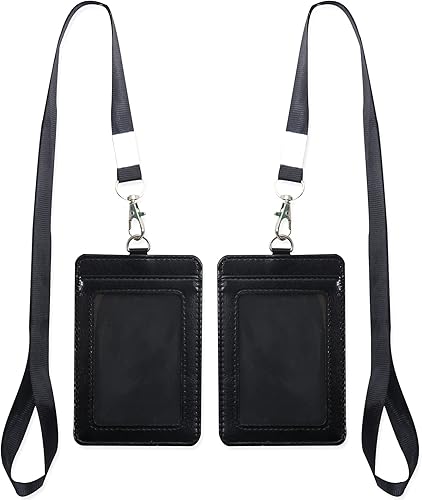 Paquete de 2 portatarjetas con correa desmontable para el cuello, soporte vertical de piel sintética para tarjetas de identificación, 1 ventana