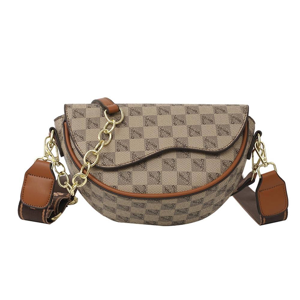 Crossbody Fanny Pack for Women Retro Letter Print Chest Waist Bag with Wide Strap Adjustable Belt Bag (Brown Plaid)