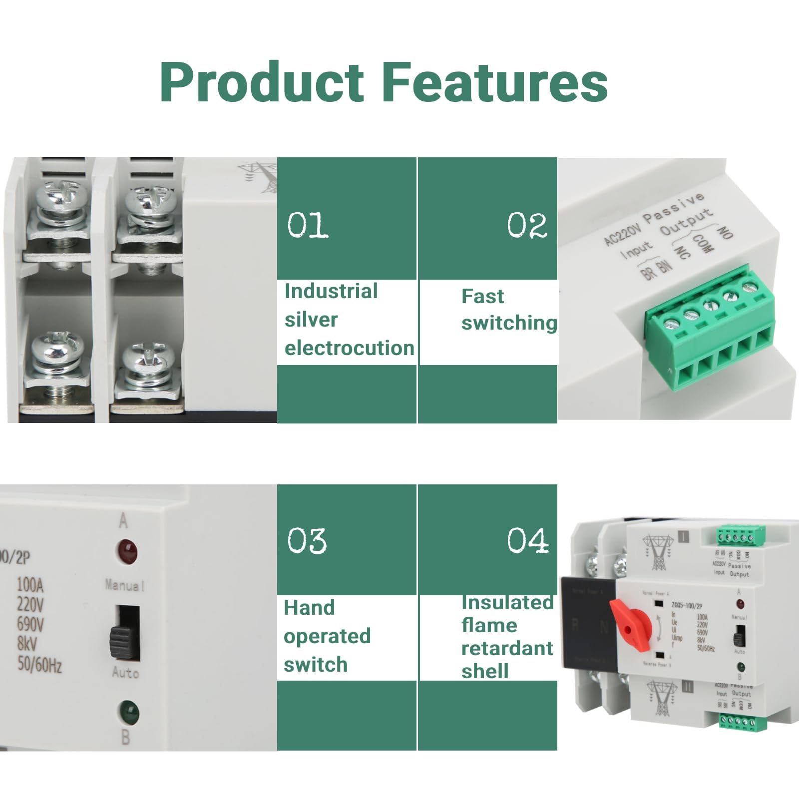 Interruttore di trasferimento, interruttore di trasferimento automatico a doppia potenza, controller di interruttore di trasferimento a 2 vie senza interruzione ZGQ5-100/2P 220V