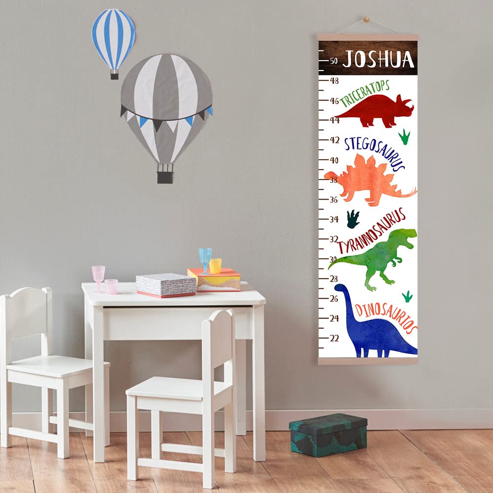 Personalized Name Kids Growth Chart Ruler Flower Dinosaur Growth Ruler Canvas Wall Ruler Oak Solar Woodland Theme Kids Height Chart Baby Wall Growth Chart with Custom Name (Dinosaur)