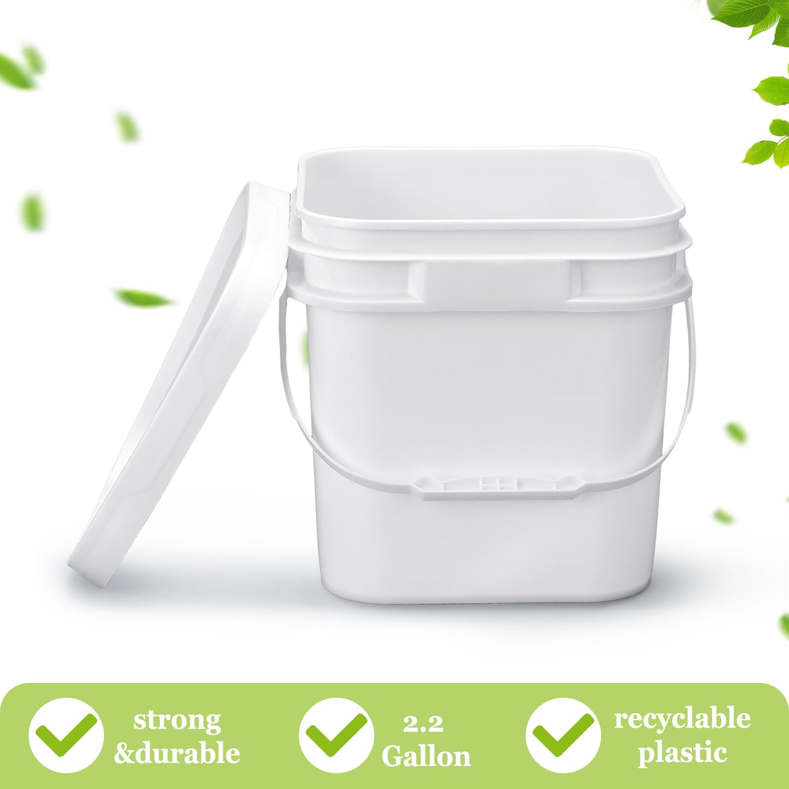Suzile 5 cubos cuadrados de 2.2 galones con tapa, de plástico de grado alimenticio, cubo industrial de 10 litros con contenedor de asa para alimentos, aceite, tina, agua, pesca, pintura, limpieza de