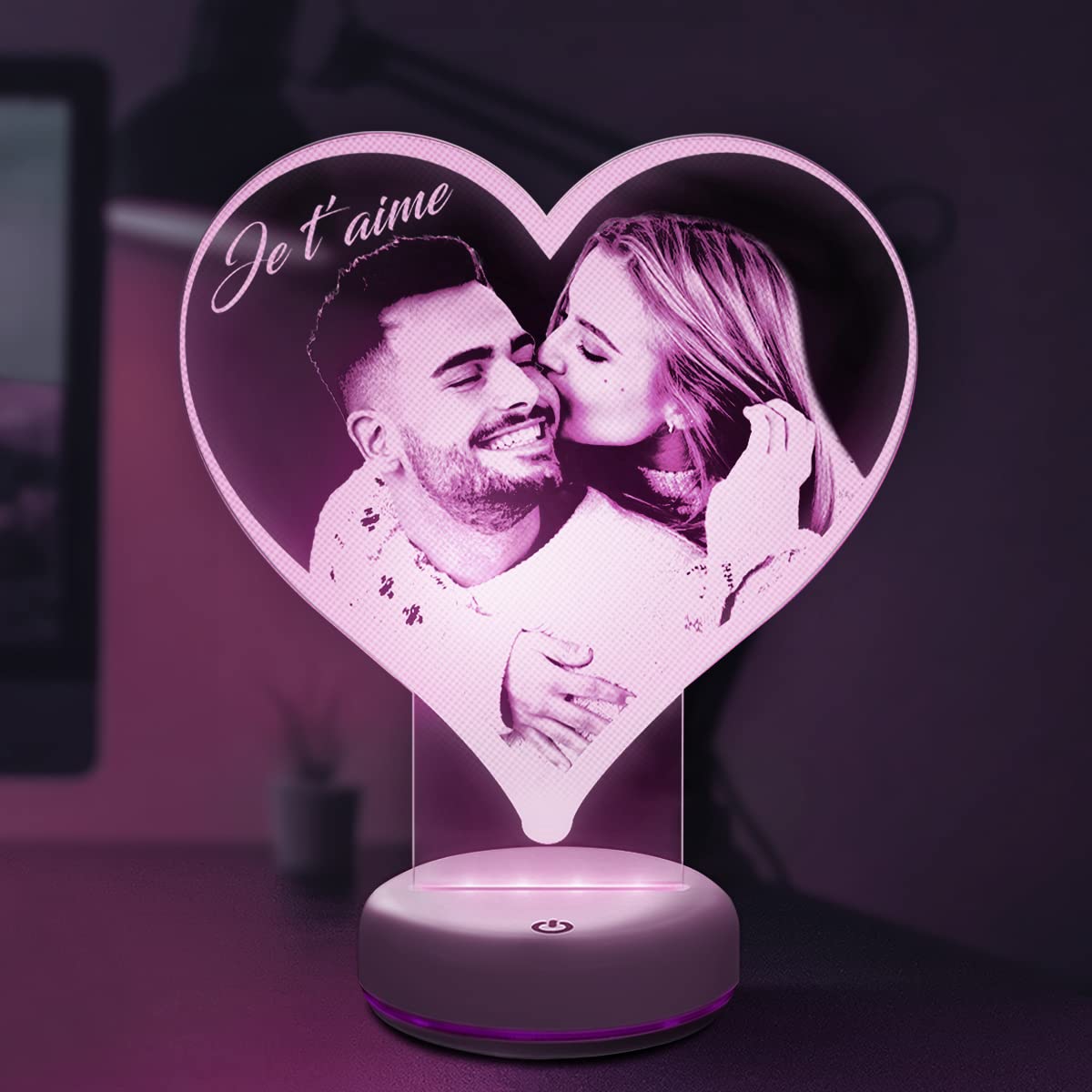 Lampephoto.fr, Lampe photo Personnalisée par gravure laser, Cadeau Photo Saint Valentin Personnalisable, idée Cadeau de Noël personnalisé, Anniversaire, cadeau couple Saint-Valentin original (coeur)