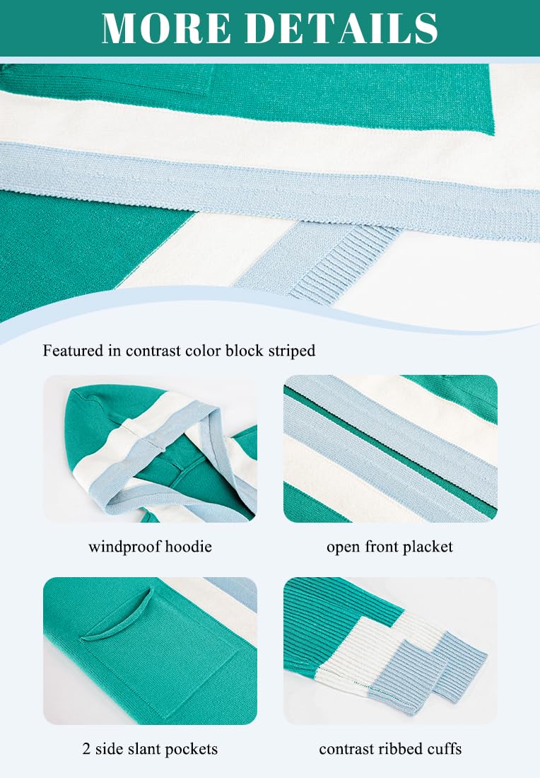 chouyatou Women's Color Block Vertical Striped Open Front Oversized Hooded Long Cardigan Sweaters with Pockets: Medium Mint Green