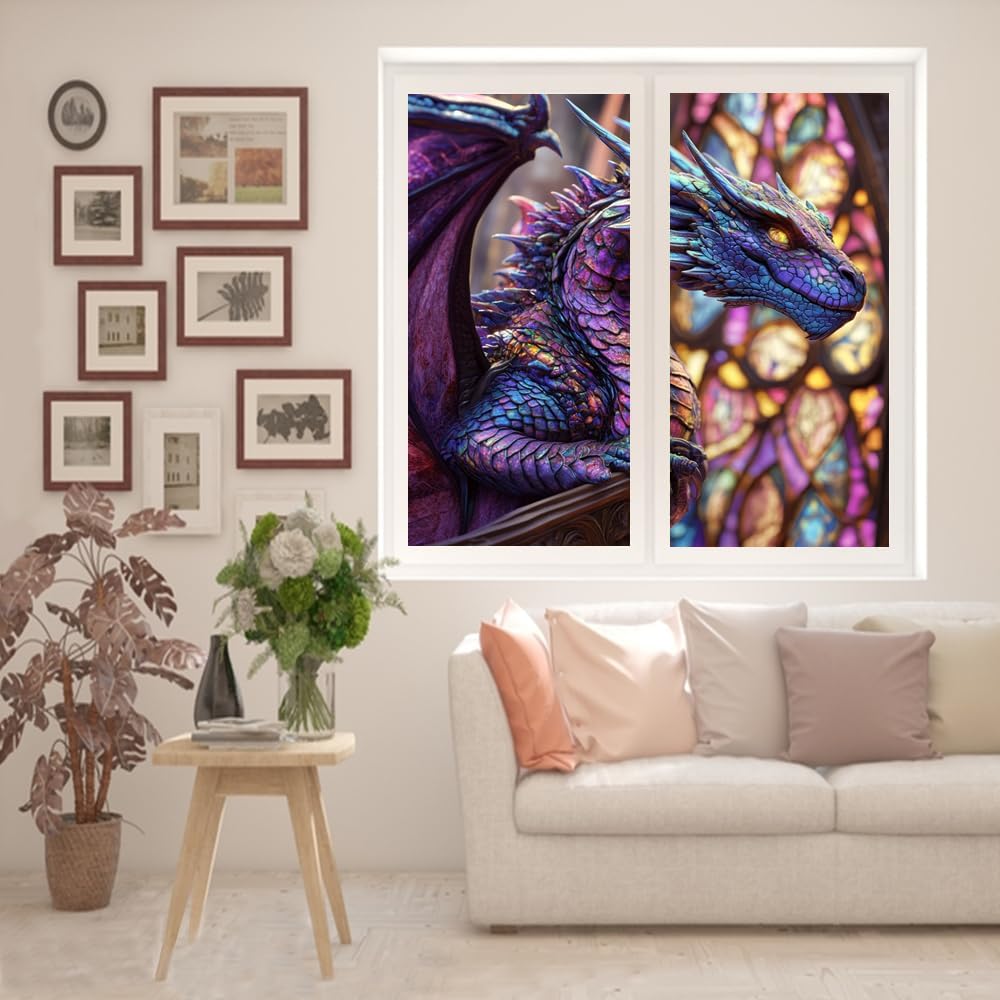 Watercolor Abstract Animal Dragon Stained Glass Window Privacy Film Watercolor Fantasy Anime Cartoon Magic Wildlife Dragon Opaque Window Sticker for Home Bathrooms 2 Panels 17.7" W x 23.6" L