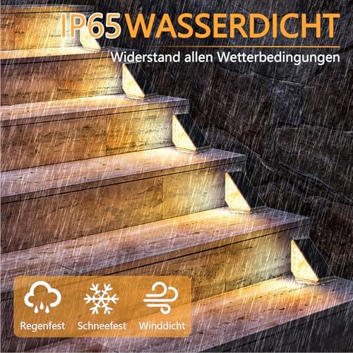 MEDOYOH 4PCS Solar Treppenbeleuchtung Aussen mit Bewegungsmelder, Warmweiß Licht Solartreppenleuchten IP44 Wasserdicht 800mAh für Gartenstufen Deck Terrasse Haustür Zaun