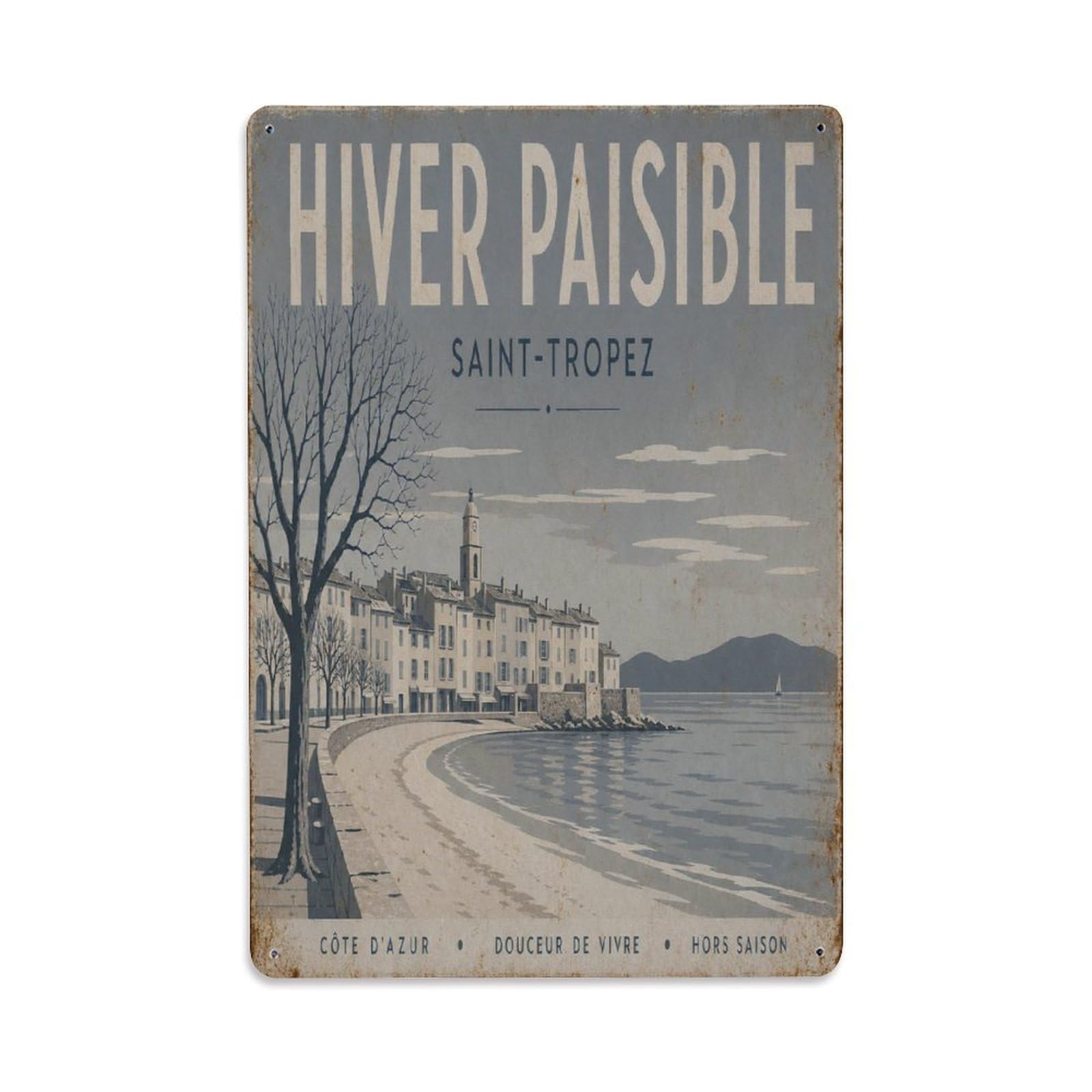 Classic Saint Tropez Bay France Riviera Seascape Metal Tin Sign Plaque Wall Decor for Cafe, Man Cave, Club Bar, Office, Home Garden Round Metal Poster 8x12Inch