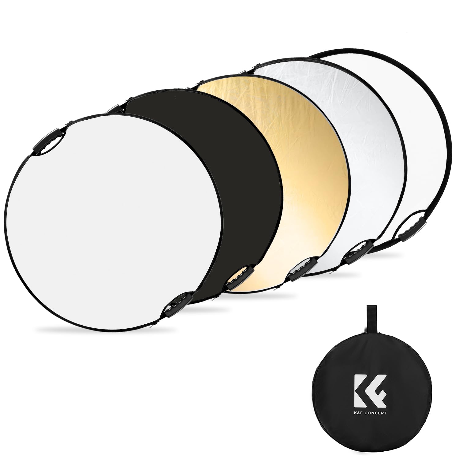 K&F CONCEPT Reflektor świetlny 32" (80 cm) z uchwytami, dyfuzor fotograficzny 5 w 1, składany, przenośny, do oświetlenia studyjnego i zewnętrznego, złoty, srebrny, biały, czarny, półprzezroczysty