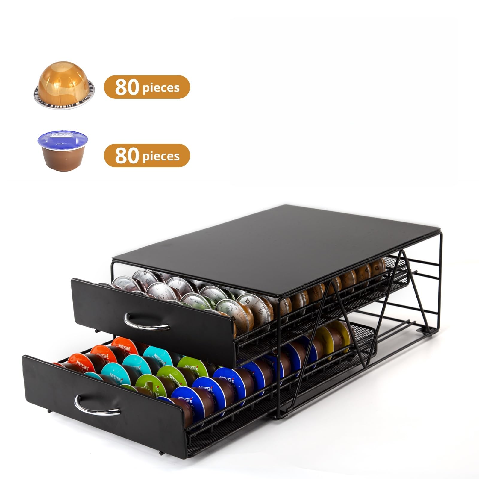 Cassetto per capsules, Porta Cialde Caffè con 2 Cassetti in metallo,Compatibile con Lavazza Mio,Dolce Gusto,Caffitaly,Vertuo capsules,Capacità: 80 capsules.