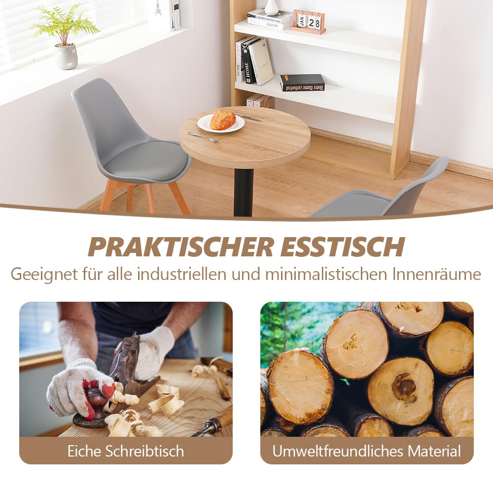 Mingone Esstisch Rund 60cm Küchentisch Klein Esszimmertisch mit Holzplatte Runder Tisch Eiche-Optik mit Metallbein für Wohnzimmer Balkon Esszimmer