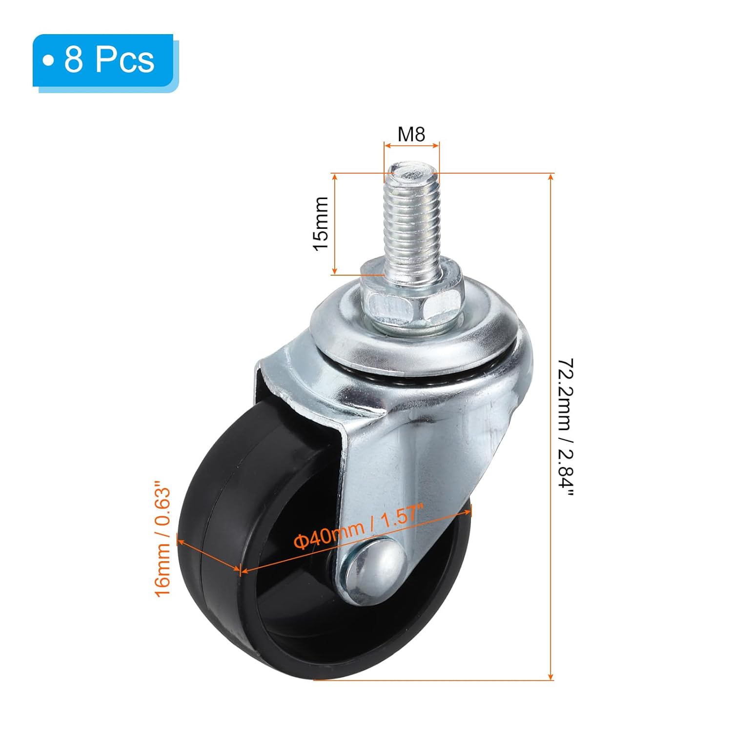 PATIKIL 1.5 Inch Threaded Swivel Casters, 8 Pack Wire Shelf Caster Wheels Stem Wheels Wire Shelving 110lb/50kg Load Capacity for Rolling Cart Furniture Replacement, Black