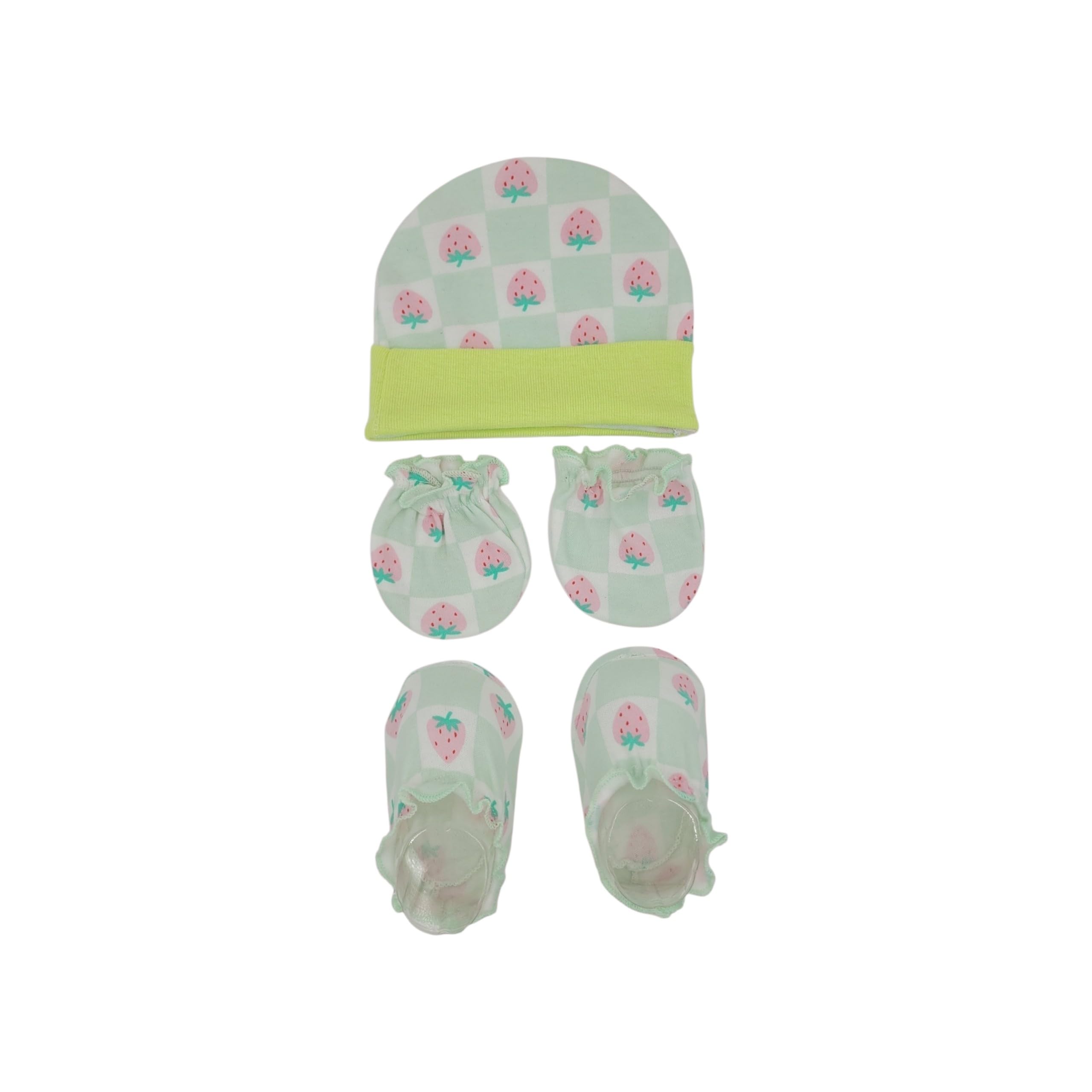 Strawberry Check Print Baby Gift Set|Baby Cap,Mittens and Bootie Combo Set For Infant 0-6 Months (Mint Green & Pink)-MB12-image-9