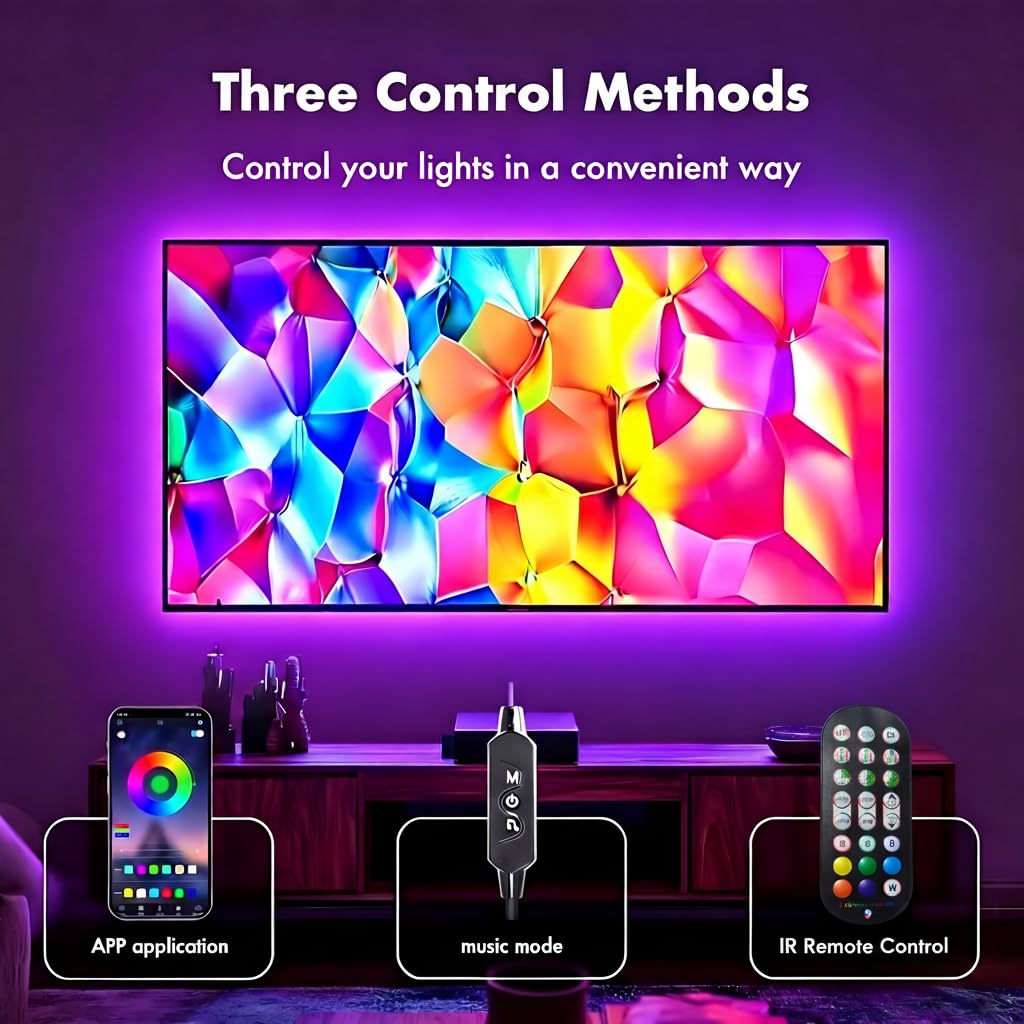 Luci a LED per TV, retroilluminazione RGB TV, luci LED da 5 m per TV da 45 a 75 pollici, sincronizzazione musica Bluetooth APP e telecomando USB alimentate striscia luci per camera da letto